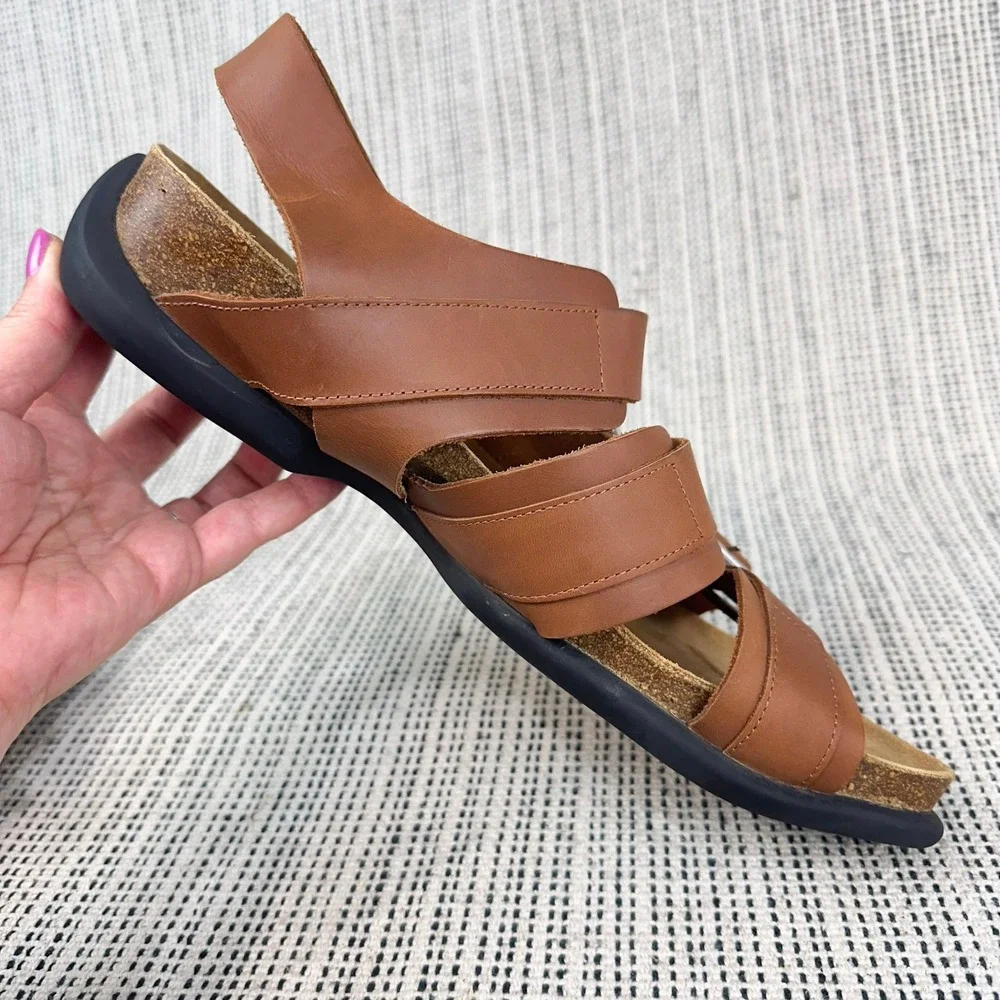 John Fluevog Peacemakers Sandals Men Size 10 Brown Leather Triple Buckle Cork